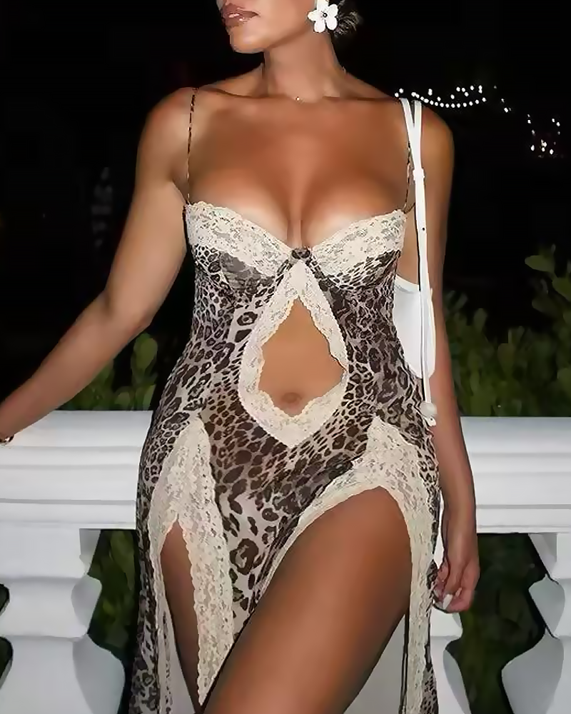 Leopard Print Strappy Lace Patchwork Slit Crop Dress