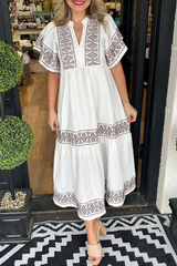 Geometric print patchwork V-neck A-line short-sleeved dress