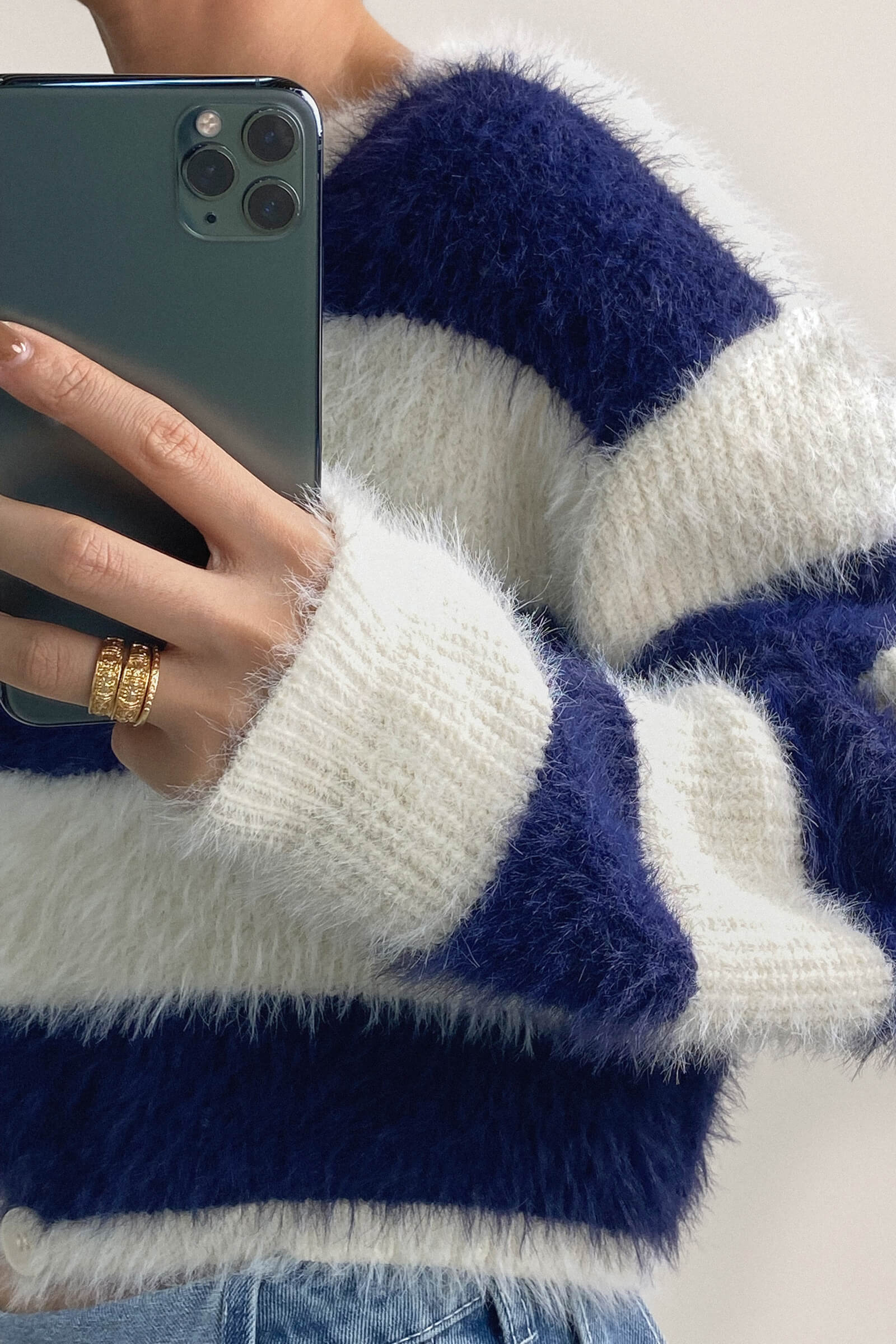 Dark Blue Striped Button-Up Fuzzy Knit Cardigan