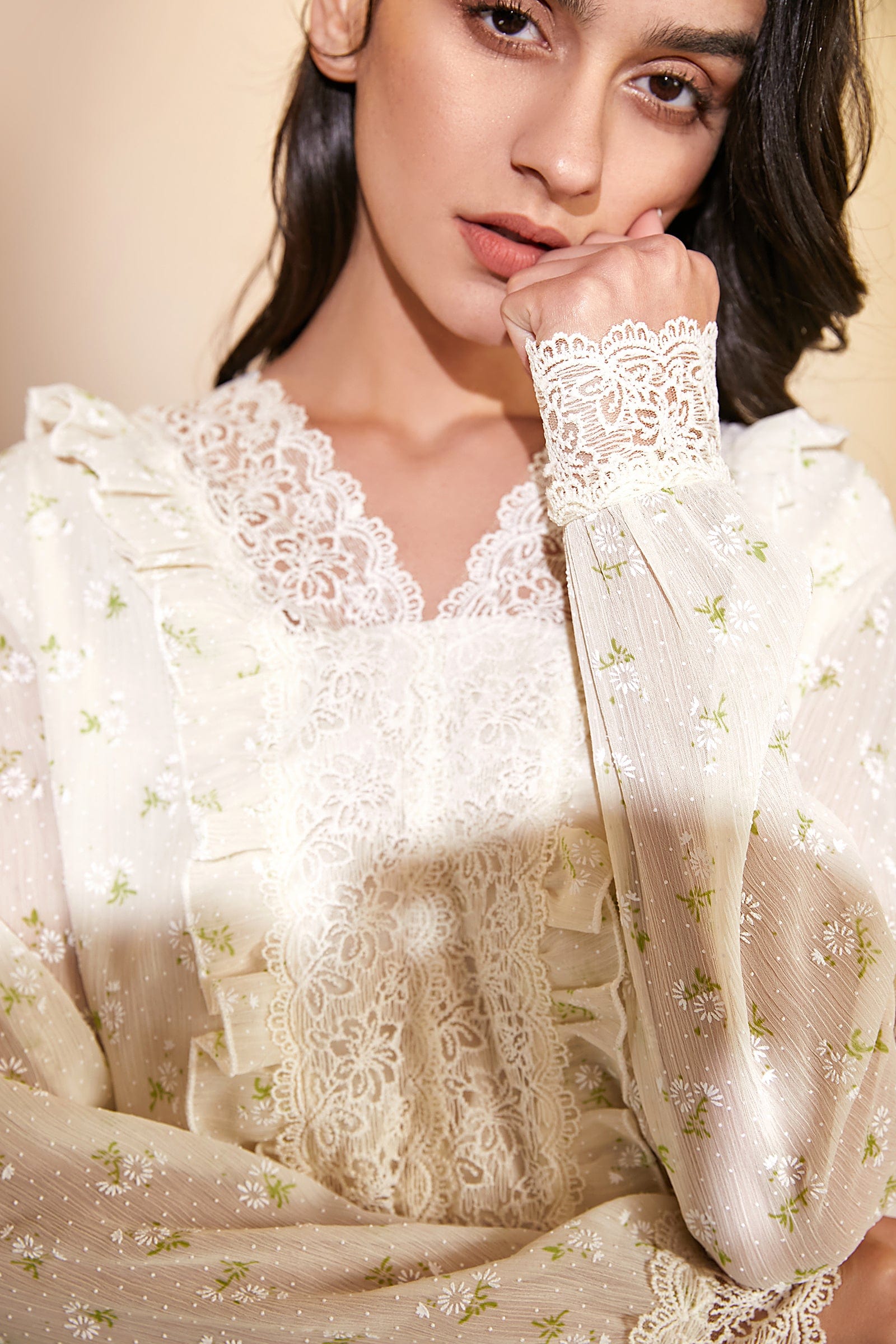 Ivory Floral Print Lace-Detail Chiffon Blouse