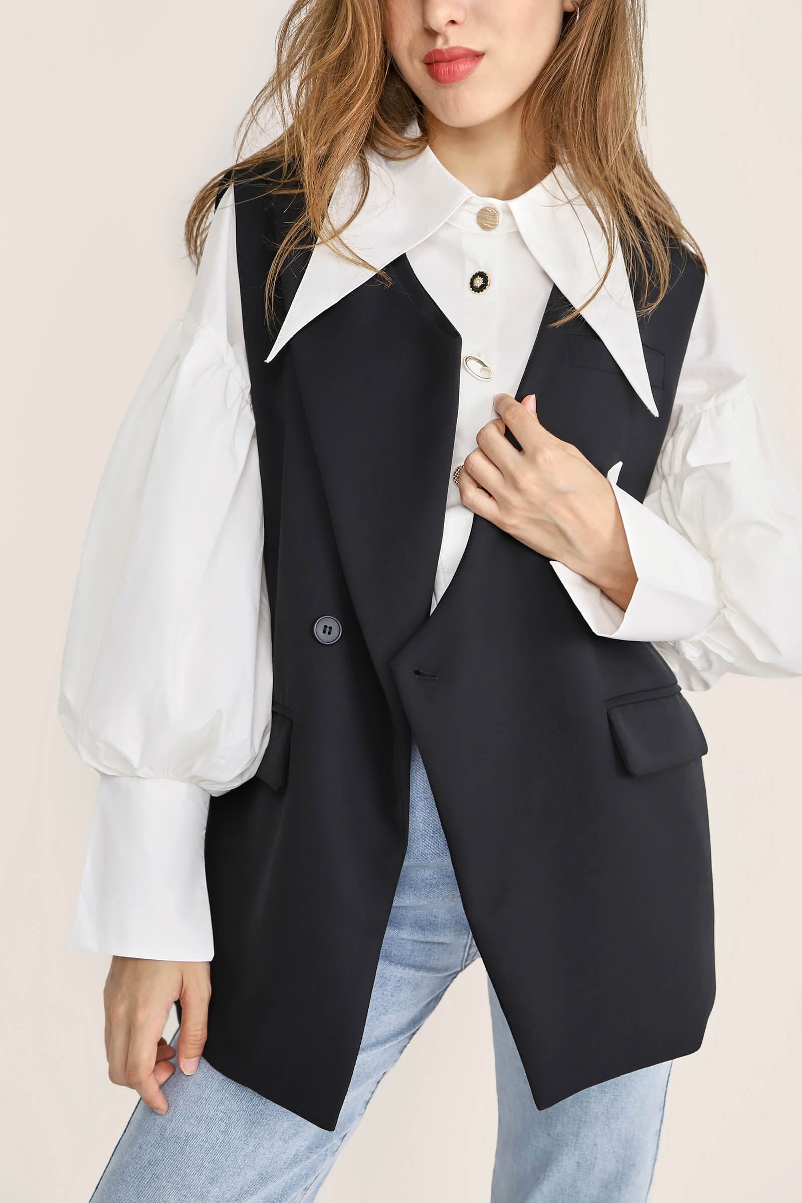 White Pointed Collar Button Detail Lantern Sleeve Shirt