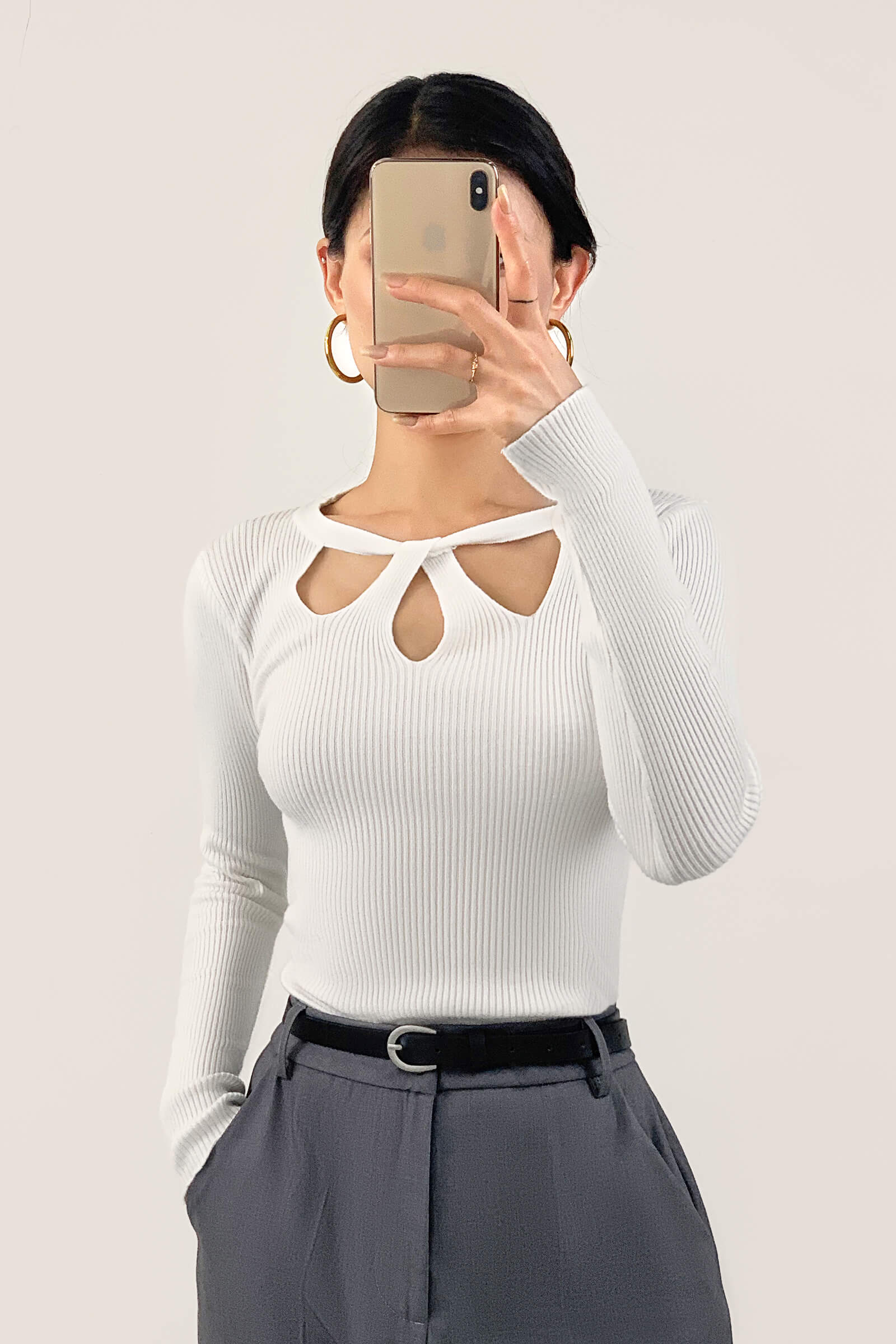 White Knitted Cut Out Detail Sweater