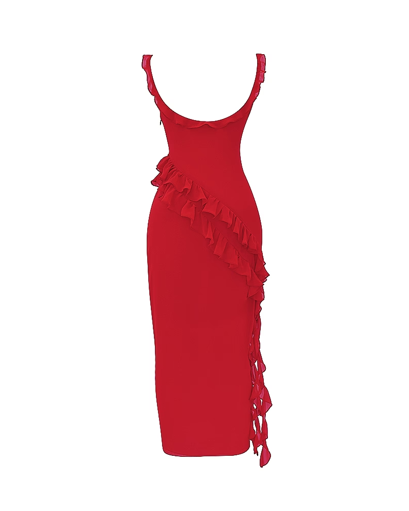 Ruffle Trim Slit Maxi Dress