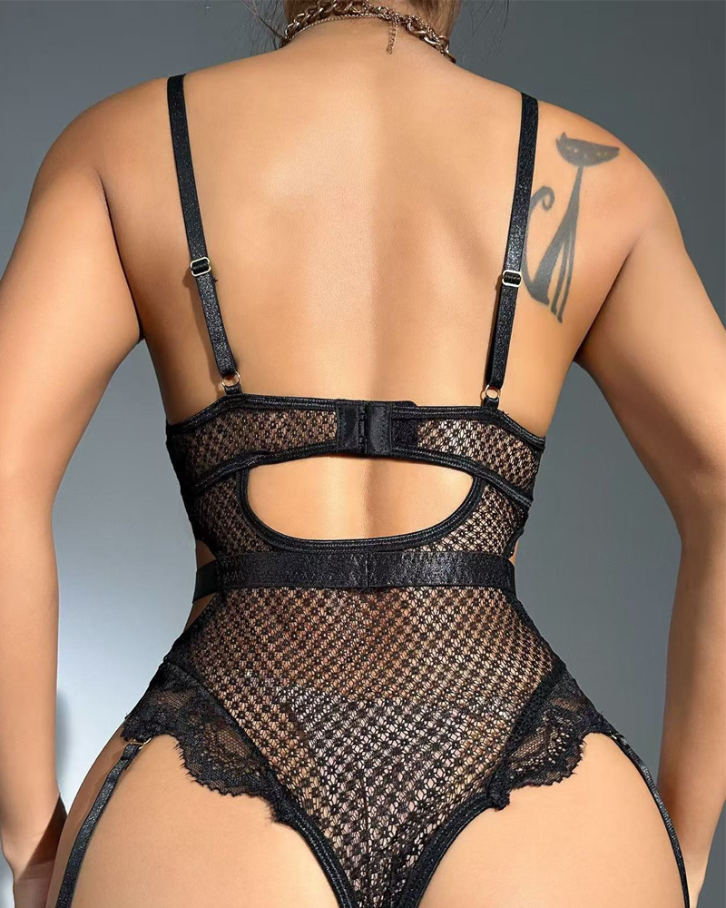 Metal Chain Lace Mesh Shaping Bodysuit