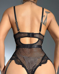 Metal Chain Lace Mesh Shaping Bodysuit
