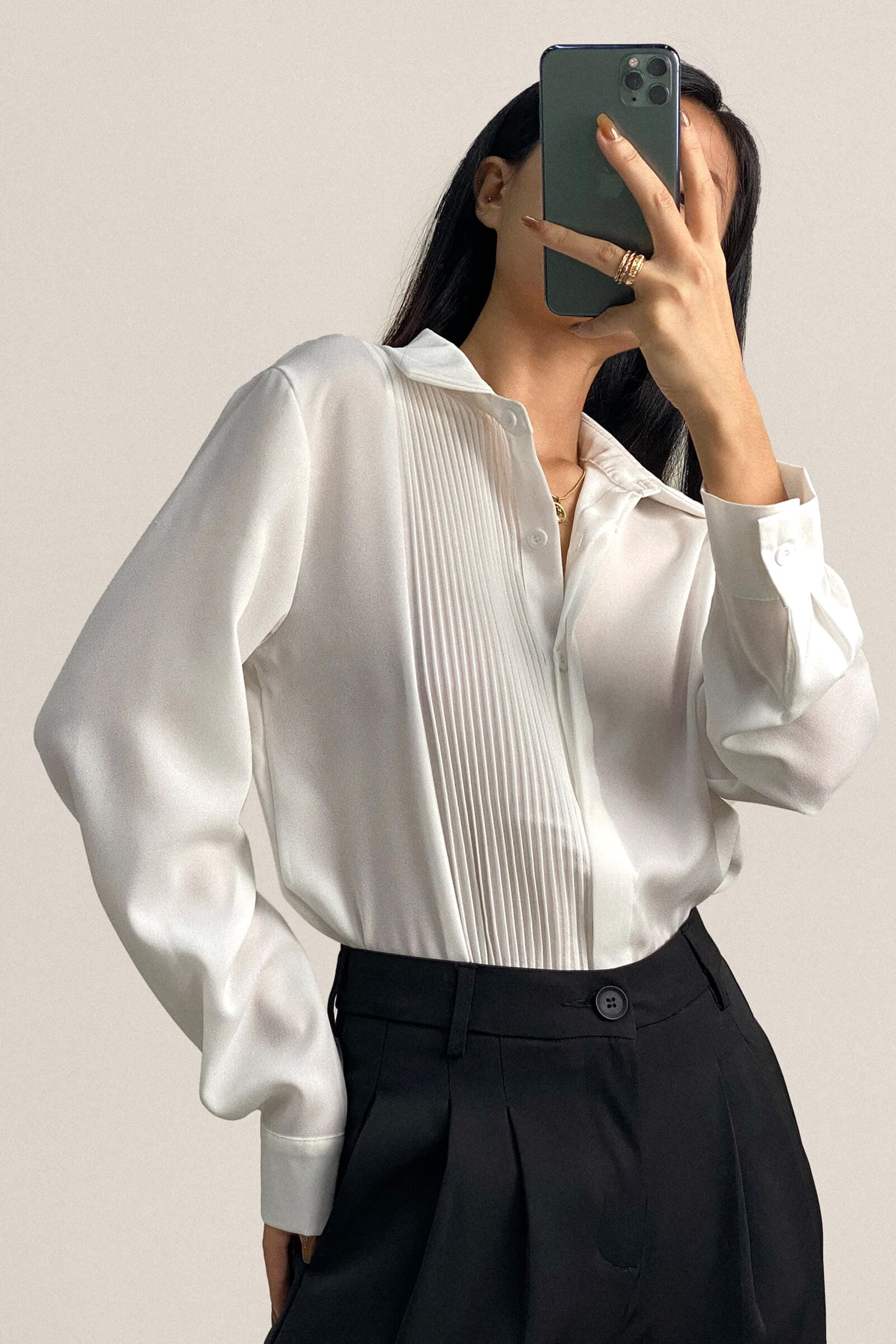 White Pleat Detail Long Sleeve Button-Up Chiffon Shirt