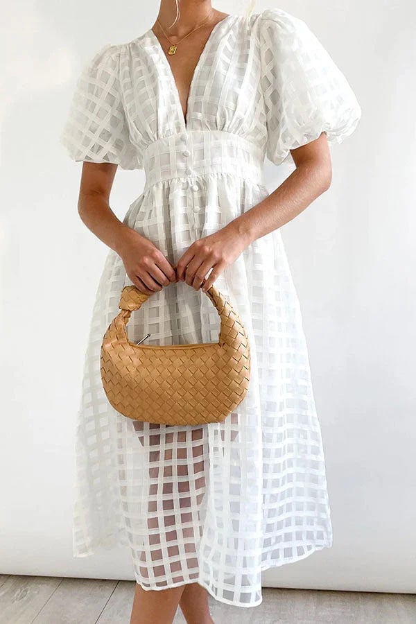 Beautiful square pattern fabric puff sleeve midi