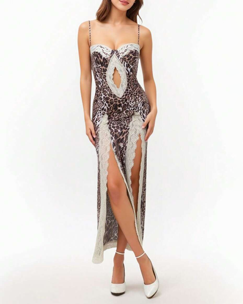Leopard Print Strappy Lace Patchwork Slit Crop Dress