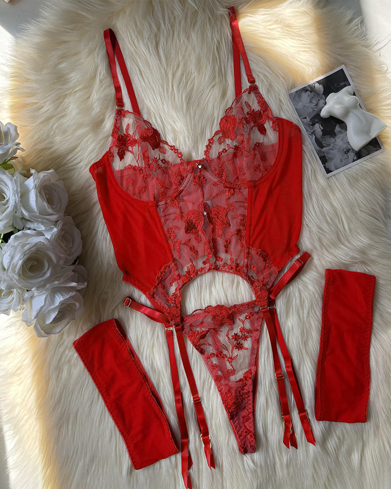 Sheer Embroidered Mesh Lingerie Set