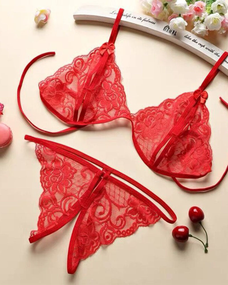 Open Crotch Three-point Two-piece Lace Underwear Women's Passion Thong