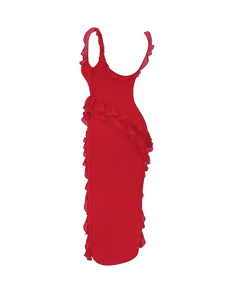 Ruffle Trim Slit Maxi Dress