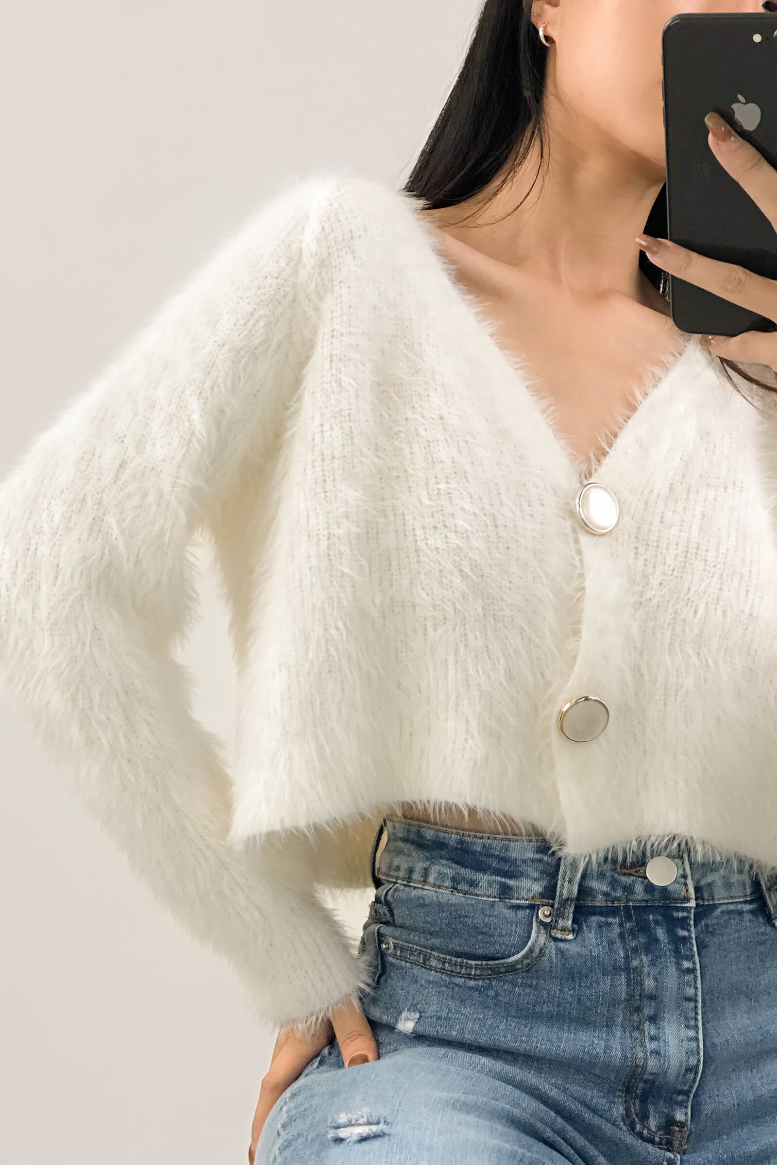 Ivory V-Neck Fuzzy Knit Cropped Cardigan