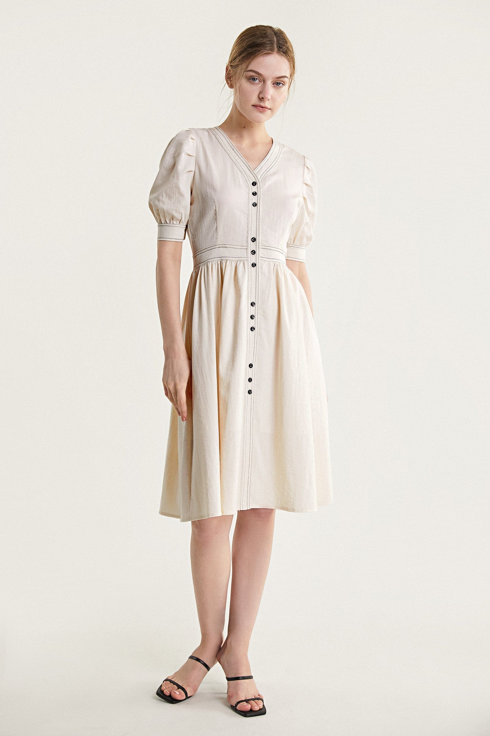 Ivory Contrast Stitch Lantern Sleeve V-Neck Midi Dress