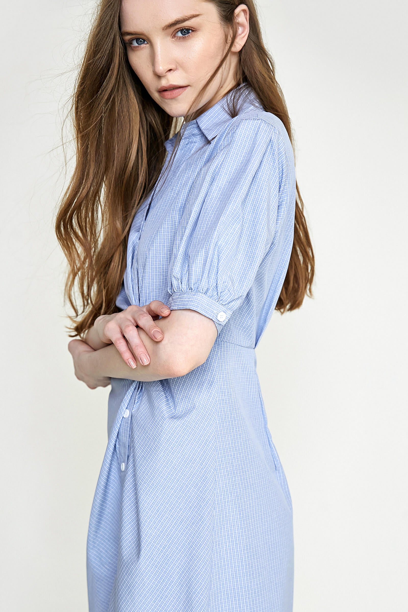 Light Sky Blue Pleat Detail Button Front Shirt Dress