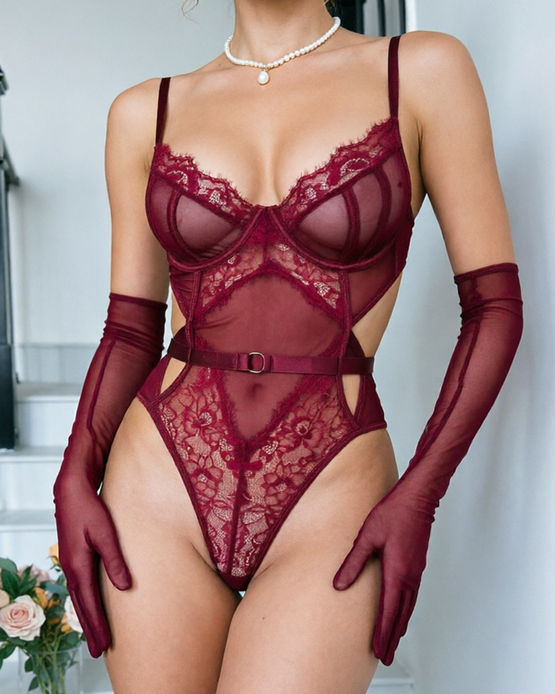 Lace Mesh Shaping Cutout Bodysuit with Gloves