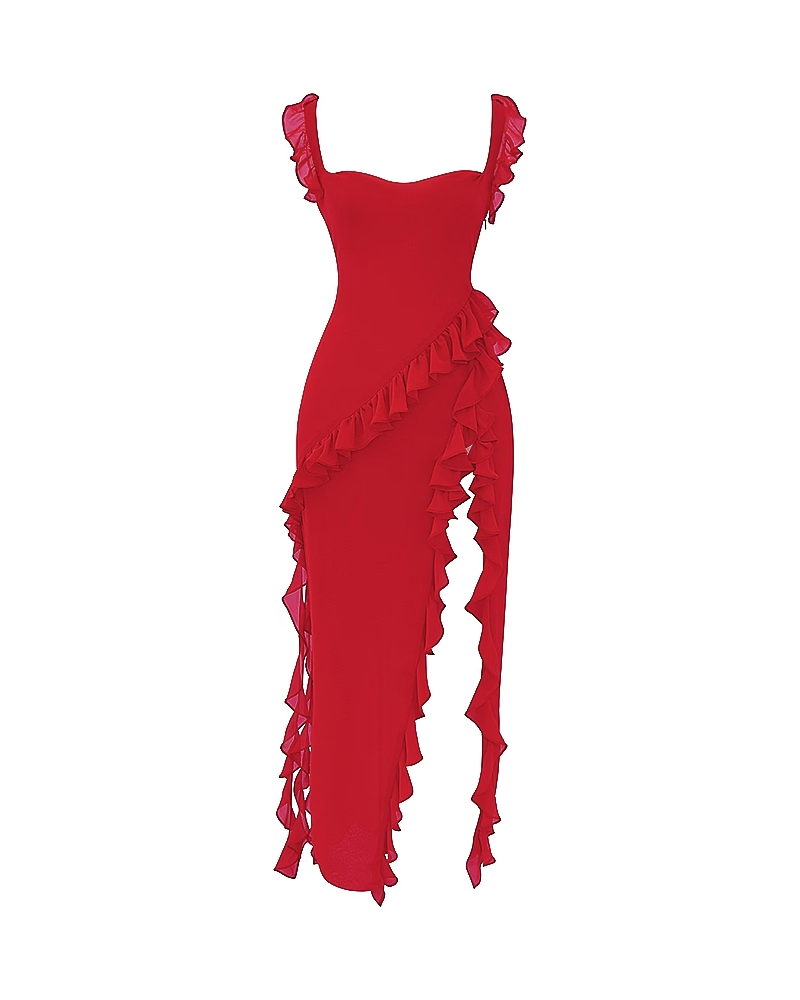 Ruffle Trim Slit Maxi Dress