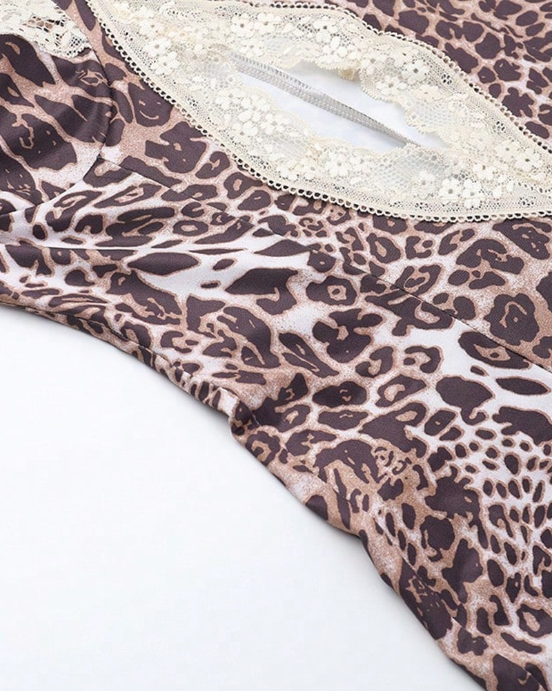 Leopard Print Strappy Lace Patchwork Slit Crop Dress
