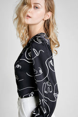 Black Abstract Face Print Surplice Shirt