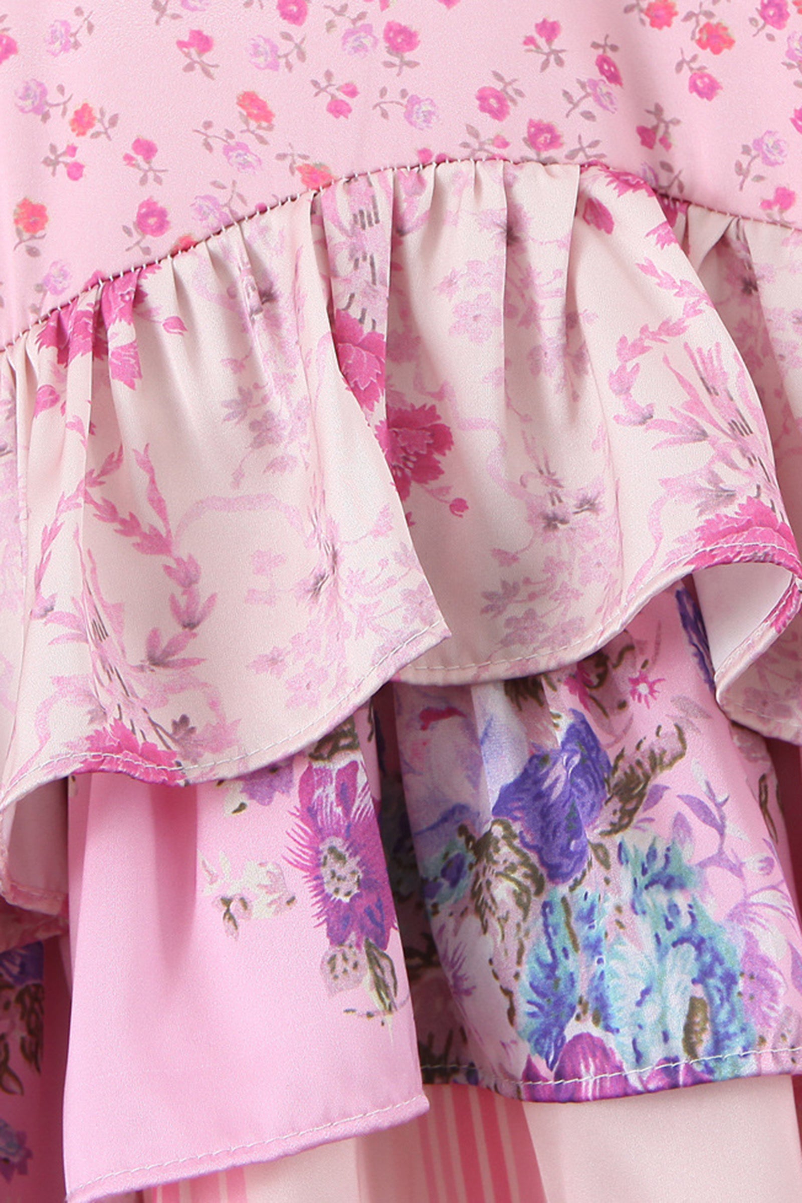 Pink Floral Print Balloon Sleeve Tiered Mini Dress