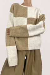 Khaki Cozy Crew Neck Plaid Sweater