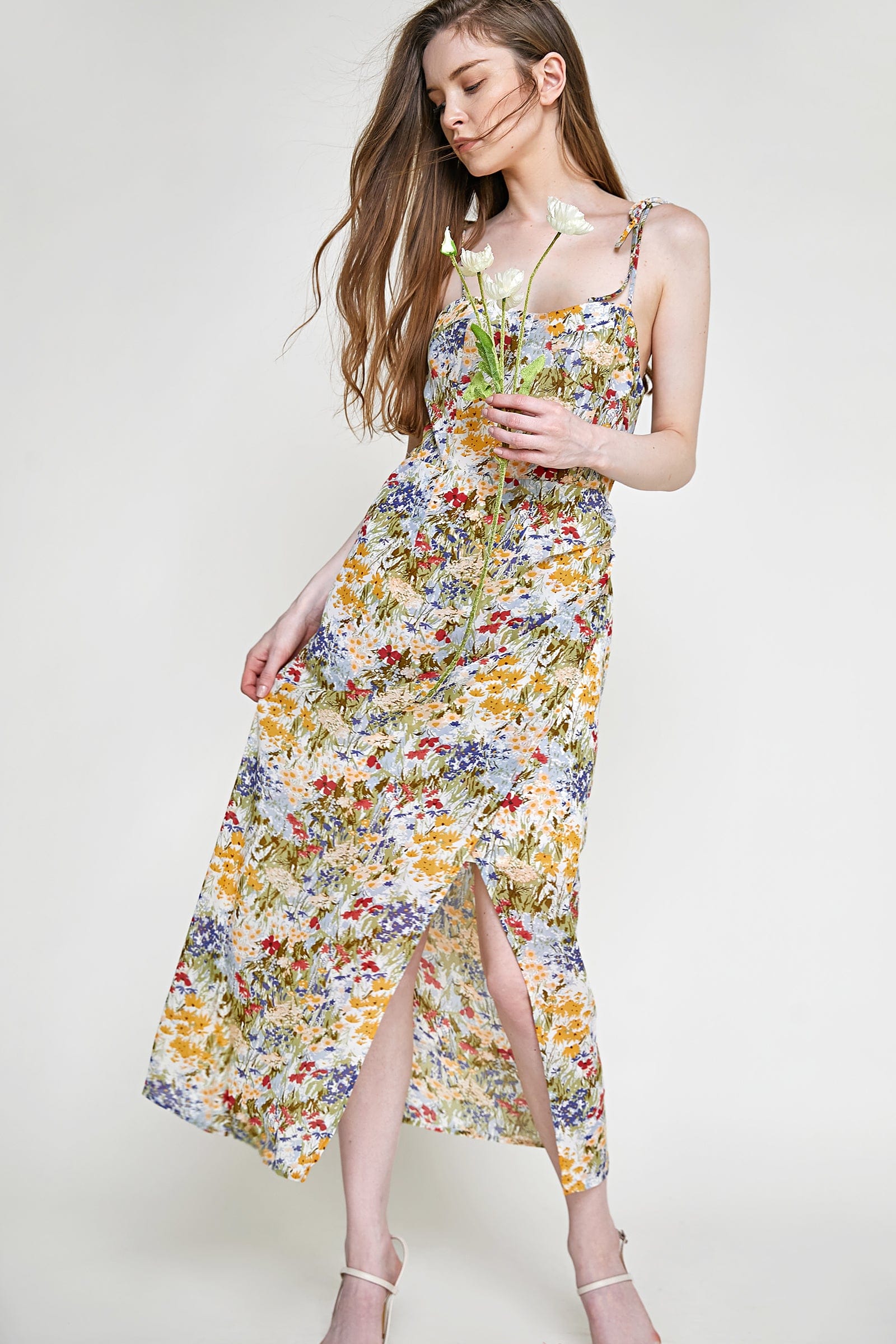 Multicolor Floral Print Tie Strap Wrap Midi Dress