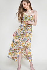 Multicolor Floral Print Tie Strap Wrap Midi Dress