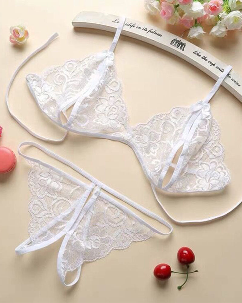Open Crotch Three-point Two-piece Lace Underwear Women's Passion Thong