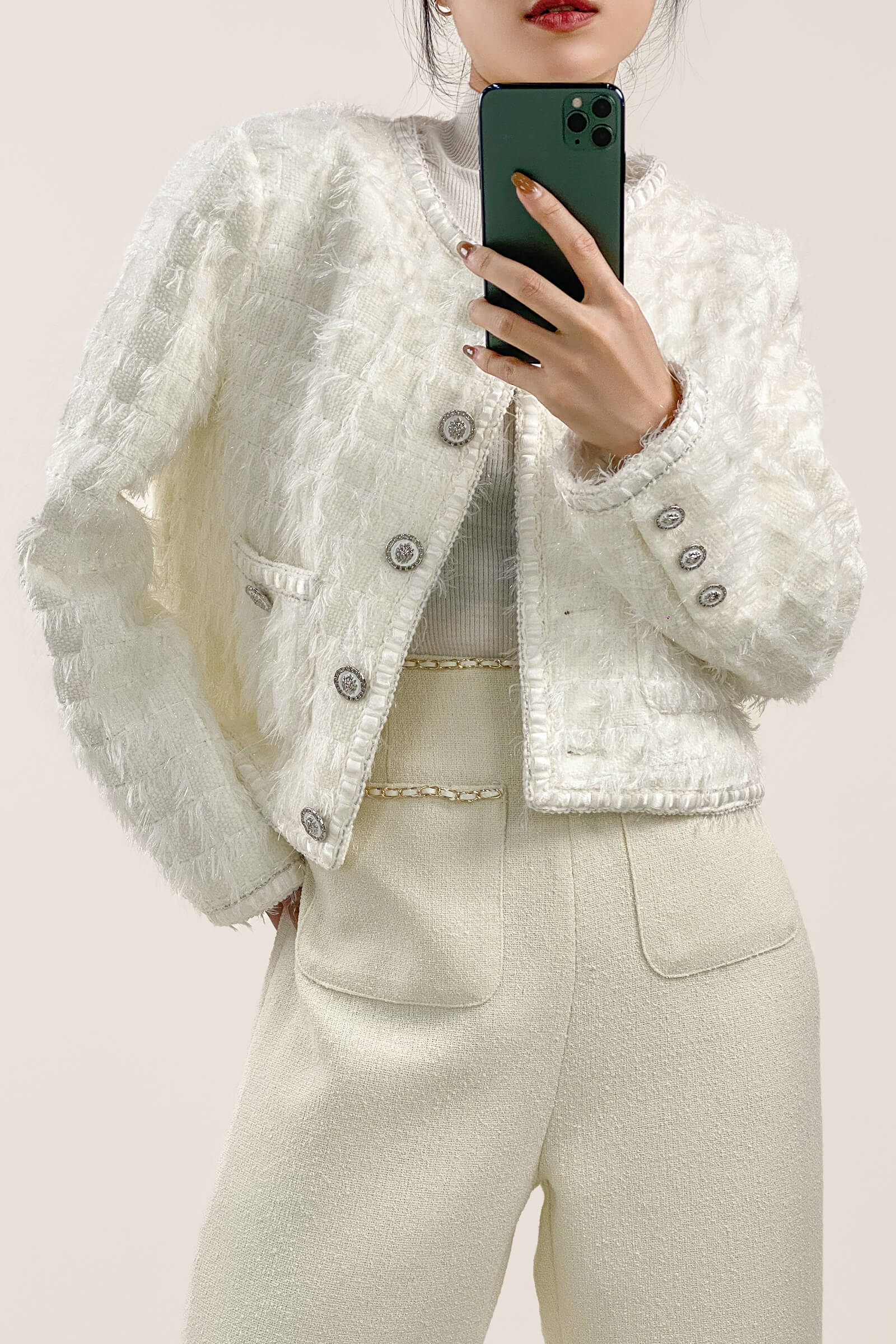 White Frayed Pocket Detail Round Neck Button-Up Tweed Jacket