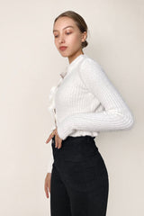 White Ruffle Trim Ribbed Knit Fitted Cardigan