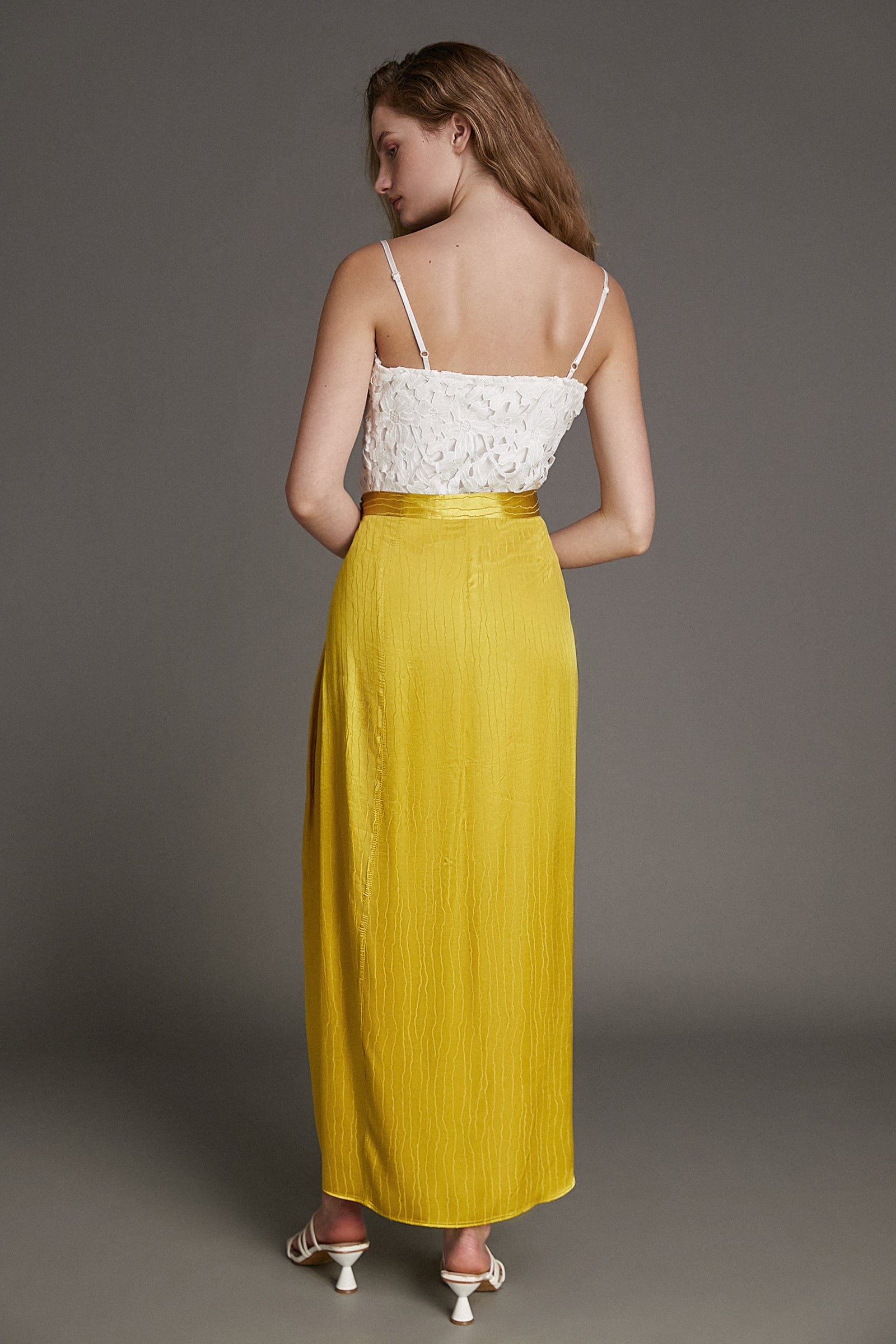 Yellow Jacquard Ruched Wrap Maxi Skirt