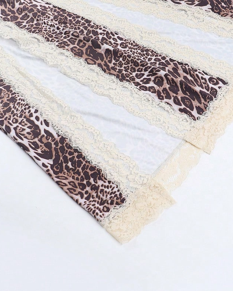 Leopard Print Strappy Lace Patchwork Slit Crop Dress