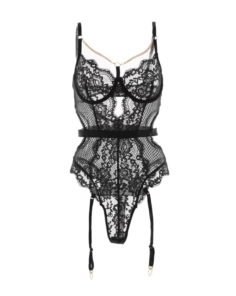 Metal Chain Lace Mesh Shaping Bodysuit
