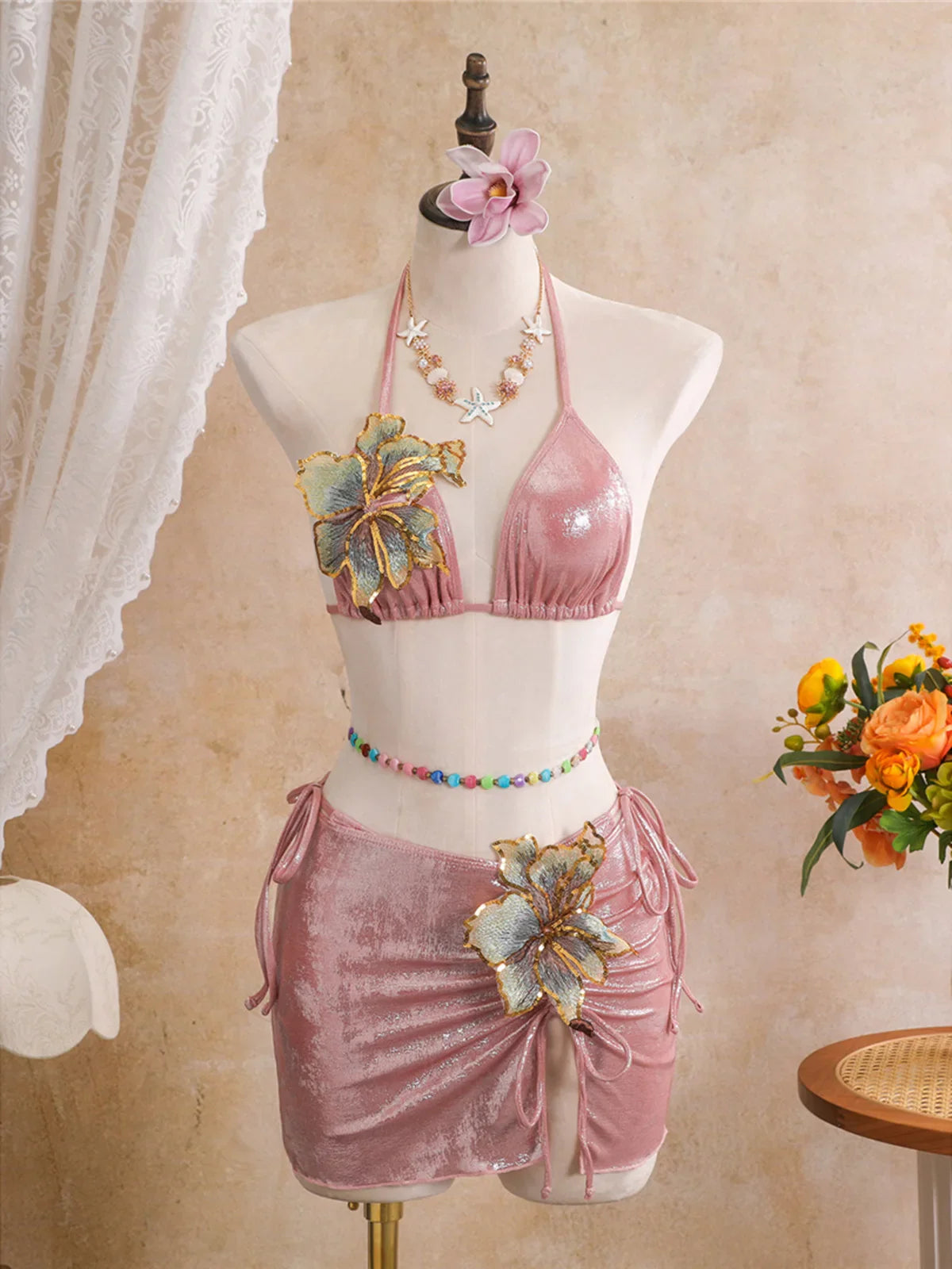 3D Flowers With Halter Bikini Three-pieces Bikini Set