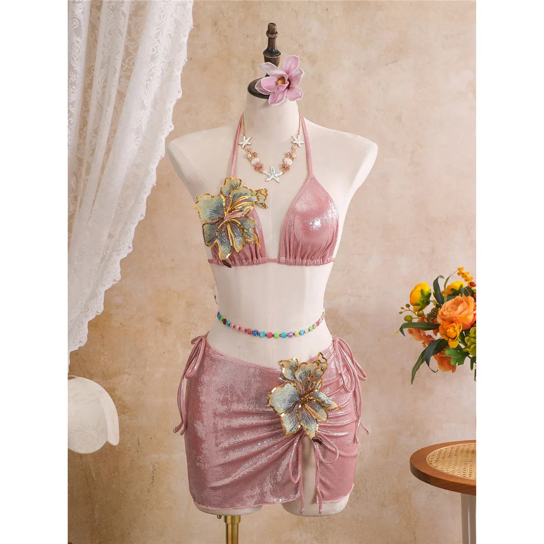 3D Flowers With Halter Bikini Three-pieces Bikini Set