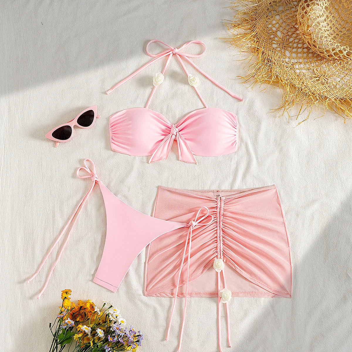 3D flower front tie pink bikinis Sets 3pcs with drawstring mesh mini swimsuits bathing suit biquini tankini