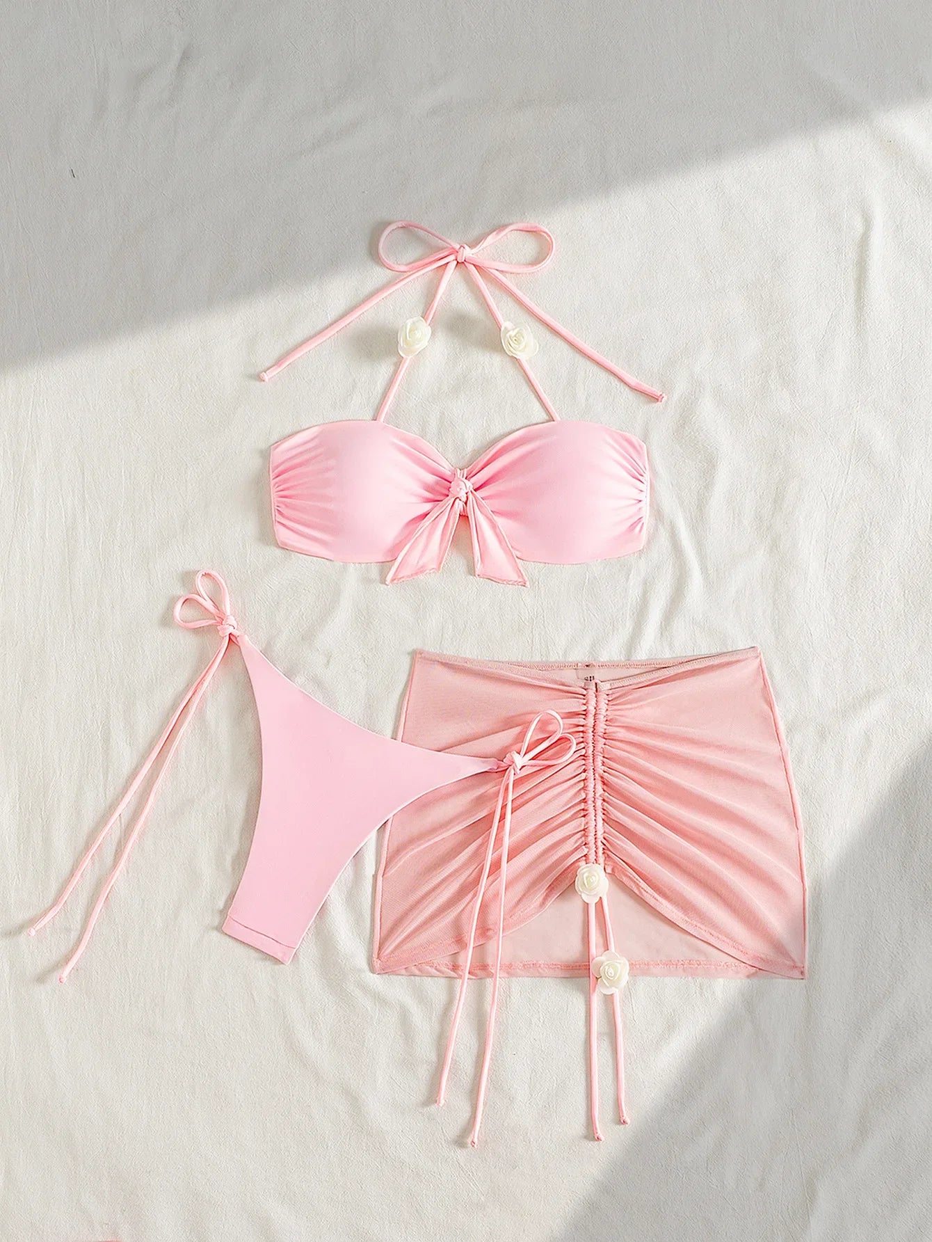 3D flower front tie pink bikinis Sets 3pcs with drawstring mesh mini swimsuits bathing suit biquini tankini