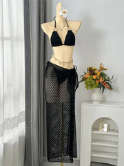 3PCS With Hollow Out Sarong Halter Bikini Three-pieces Bikini Set