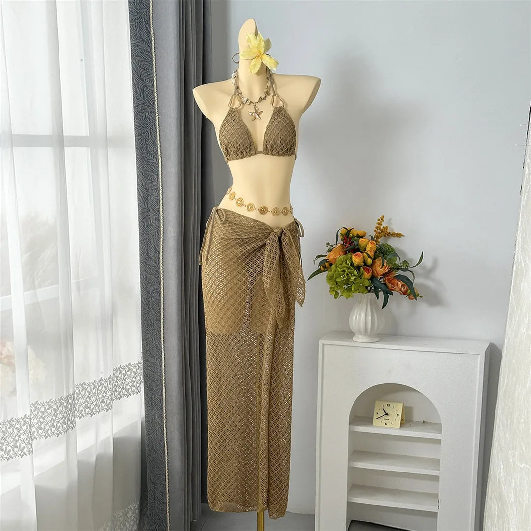 3PCS With Hollow Out Sarong Halter Bikini Three-pieces Bikini Set