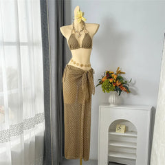 3PCS With Hollow Out Sarong Halter Bikini Three-pieces Bikini Set