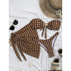 3PCS With Sarong Polka Dots Bandeau Bikini Three-pieces Bikini Set