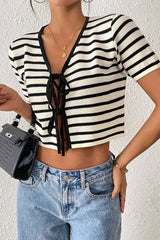 Best Essence Striped Tie-Front Knit Top