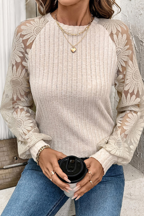 Perfect Mix Heather Beige Sheer Sleeve Sweater Top