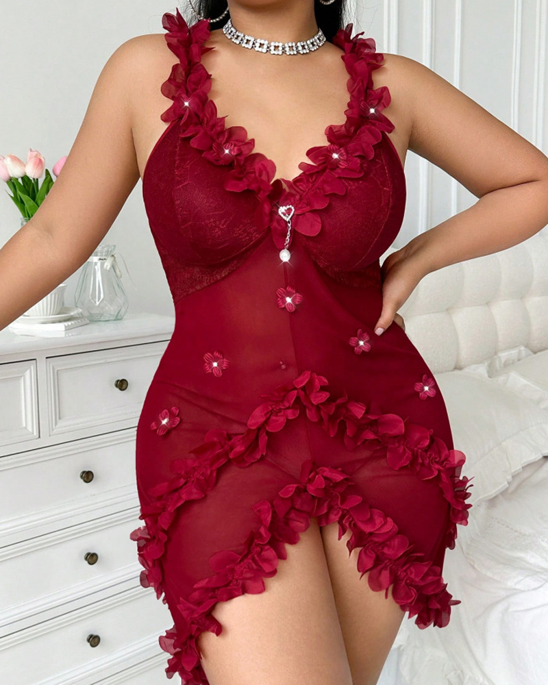 Plus Size Ruched Mesh Lace Trim Cami Chemise