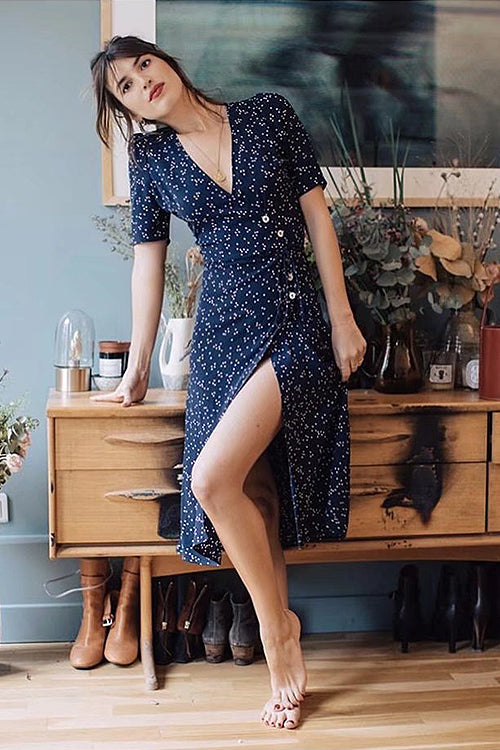Galaxy Button Vintage Wrap Midi Dress