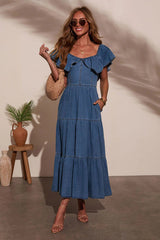 Laylie Medium Wash Denim Off Shoulder Maxi Dress