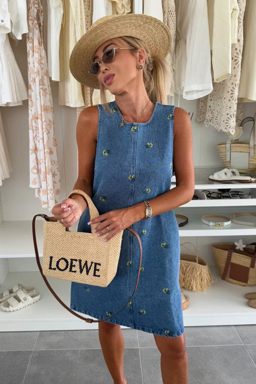 Dreamy Strolls Embroidered Tie-Back Denim Mini Dress