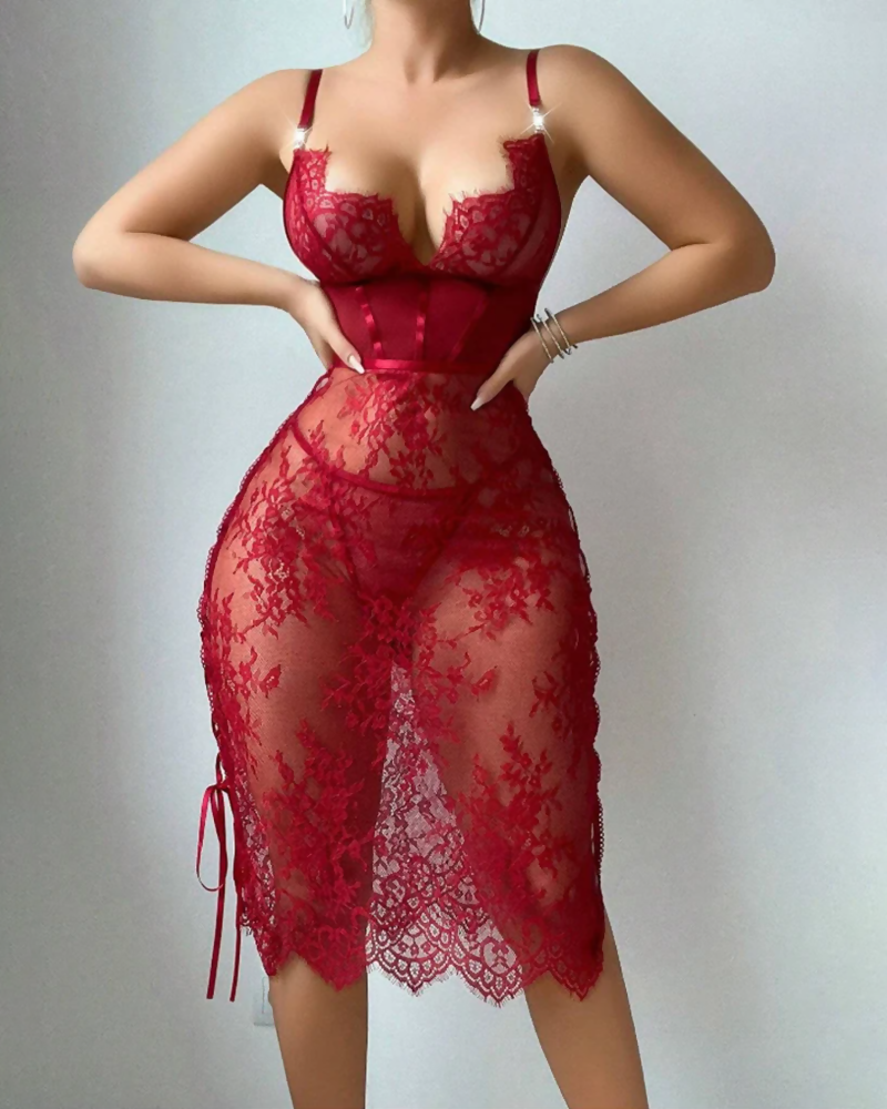 Lace Cutout Lace-Up Bodycon Babydoll Lingerie