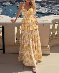 Lemon Yellow Halter Printed Swimsuit Set