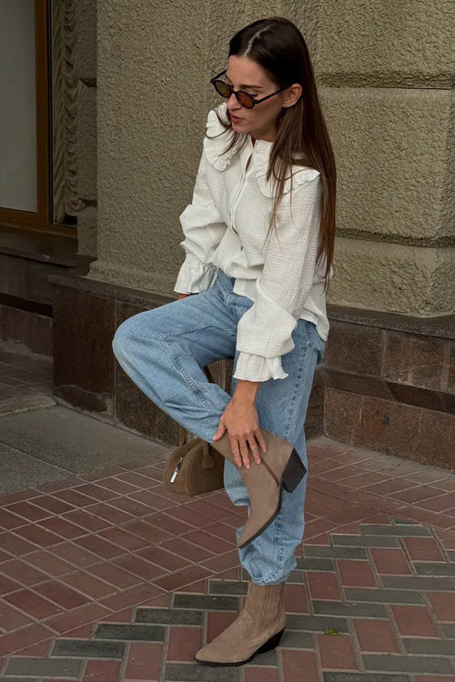 Sunny Culture White Textured Collared Long Sleeve Top