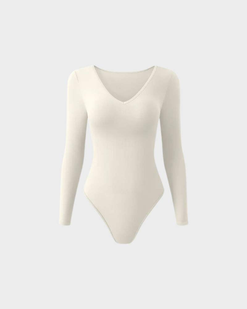 Ribbed V Neck Long Sleeve Bodysuits